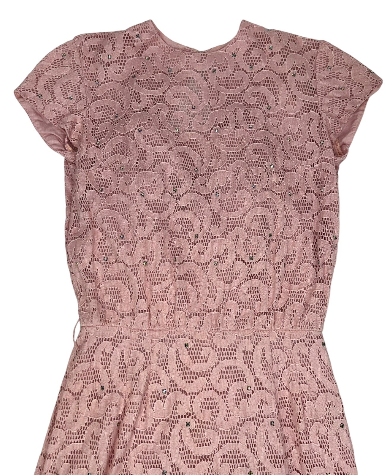 VTG 1950s PAUL SACHS RHINESTONE PINK LACE COCKTAIL WIGGLE DRESS ROCKABILLY GLAM