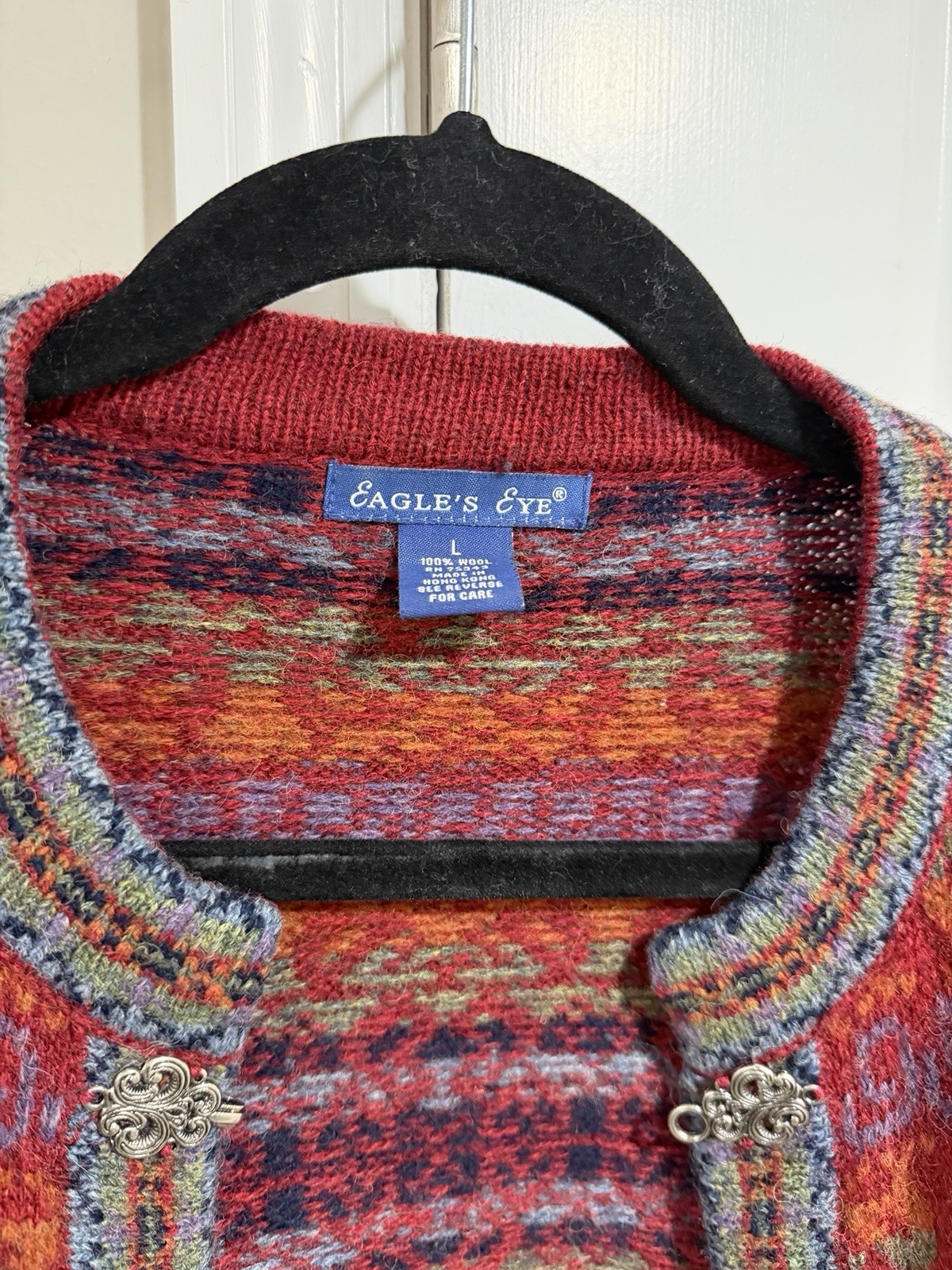 Vtg The Eagle’s Eye Multicolor 100% Wool hand-knit cardigan sweater Large