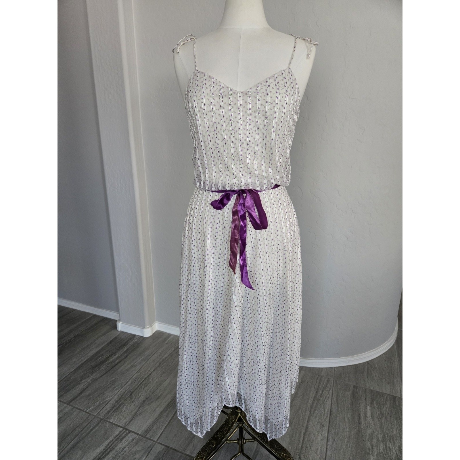 Vtg 70s Floral Handkerchief Hem Spaghetti Strap Dress Set W/ Sheer Shrug Sz 11 M