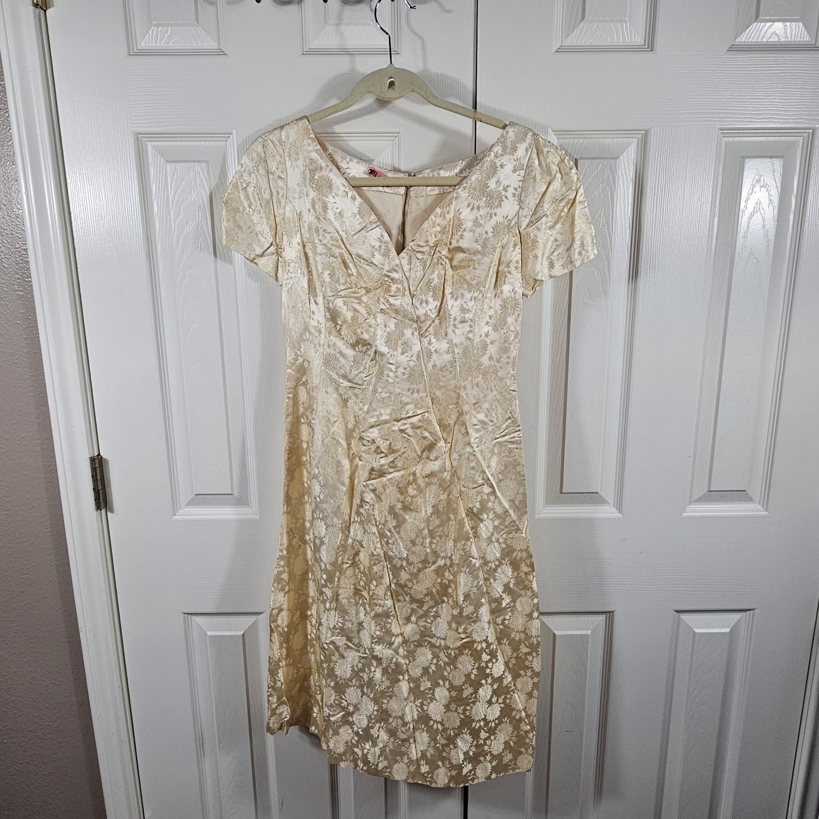 Vtg 50s-60s Ivory Brocade Cocktail 2 Pc Set Sz M Wiggle Dress With Coat Handmade