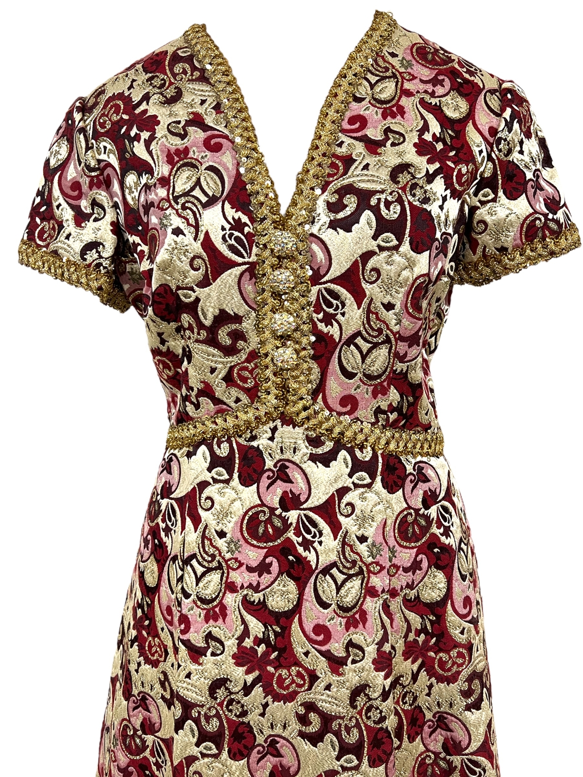 Vtg Vitage 1960s 60s Designer Harmay Burgundy and Gold Brocade Formal Gown