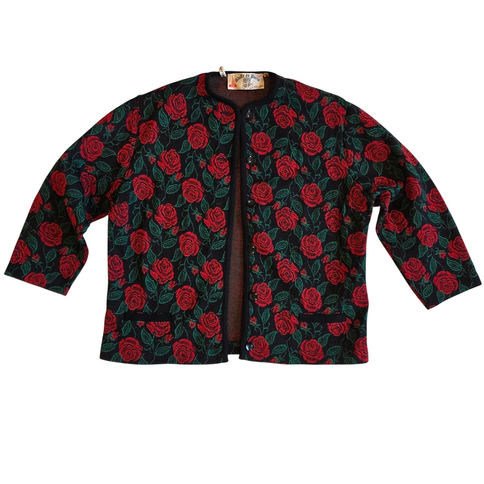 Vintage Odette de Paris Rose Print Pure Wool Knit Cardigan Jacket 17/18