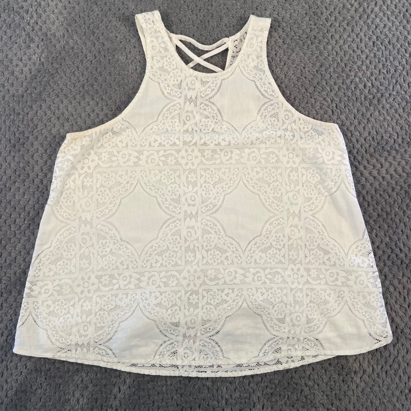 VTG Hollister Women’s Lace Overlay Tank Top Large White Lined Y2K Coquette FLAW