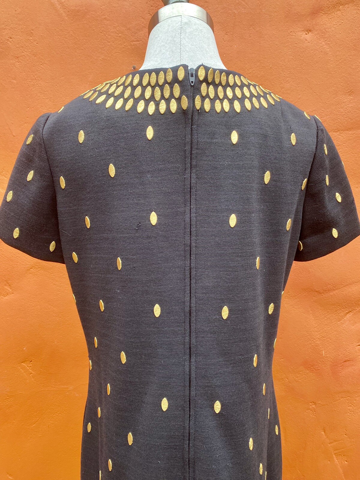 Vintage 1960s Mod Wool Sheath Dress Black Gold Metal Beaded Carlye pockets