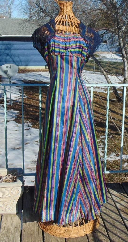 VTG 40s Silk Taffeta Chevron Striped Long Dress & Alencon Lace Bolero XS
