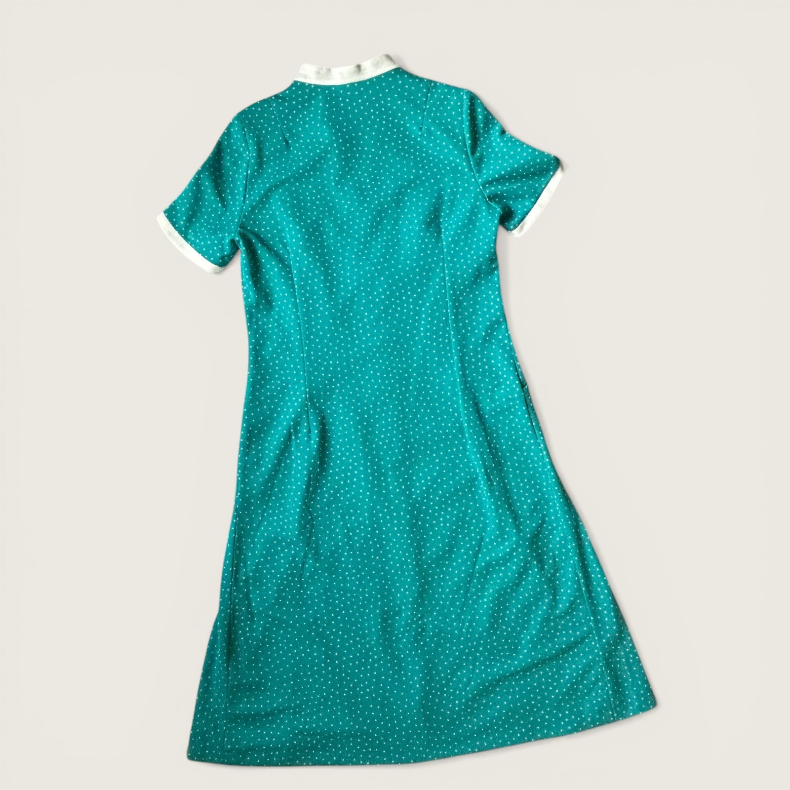 Vintage 1970s Diolen Teal Polka Dot Zip Front Dress Mod Midi Size 42