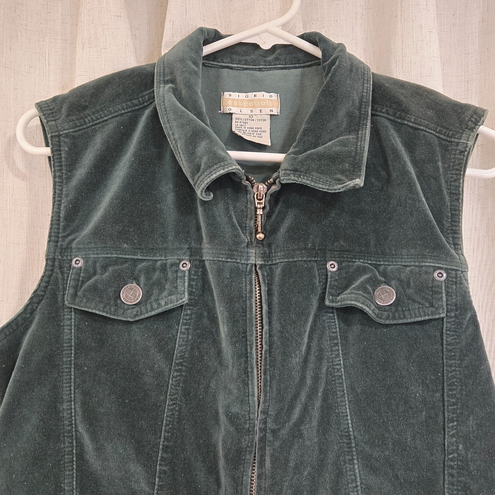 Vtg Sigrid Olsen Green Velvet Moto Zip up Vest Sz 10/M Boho Indie Dark Fairy