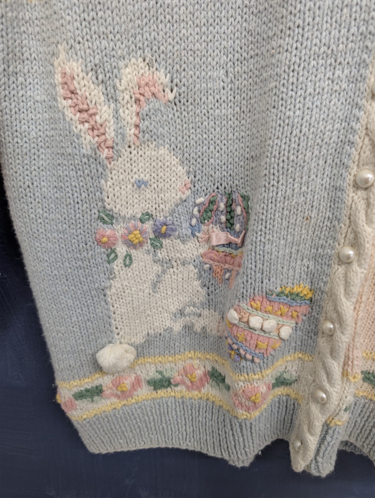 Vintage 90s Marisa Christina XL Sweater Hand Knit Cardigan Easter Bunny