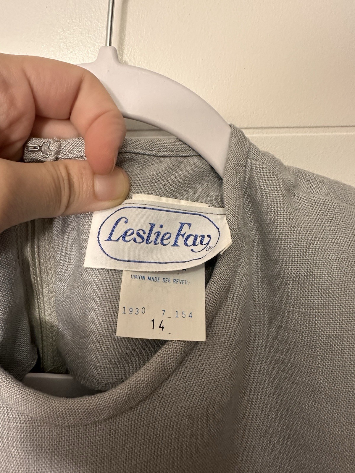 Leslie Fay Vintage 80s Grey Eyelet Short Sleeve Secretary Style Dress Size 14