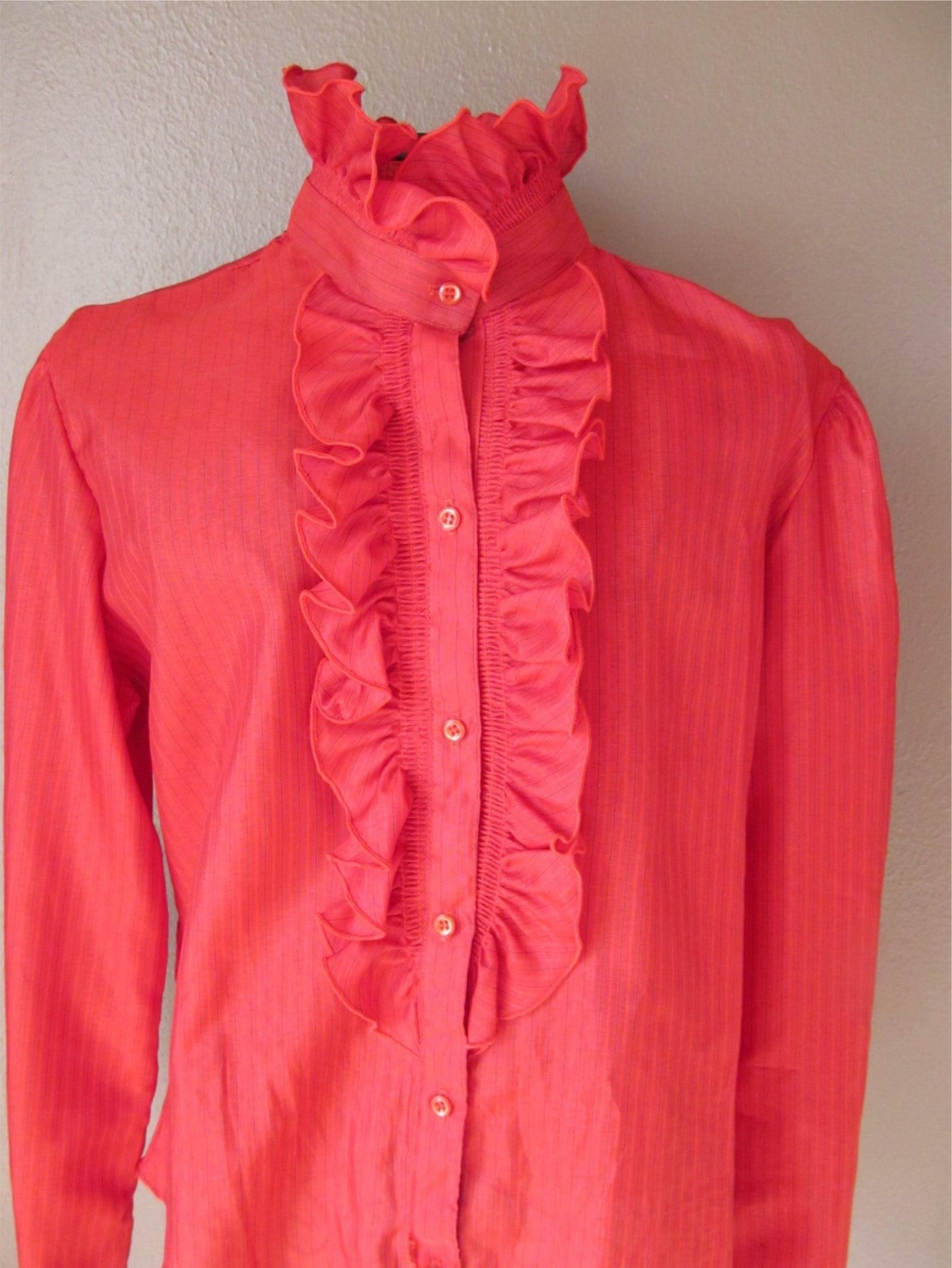 VTG 70s Mock Turtle Neck Top Womens S/M Puffy Sleeve Blouse Victorian Ruffle