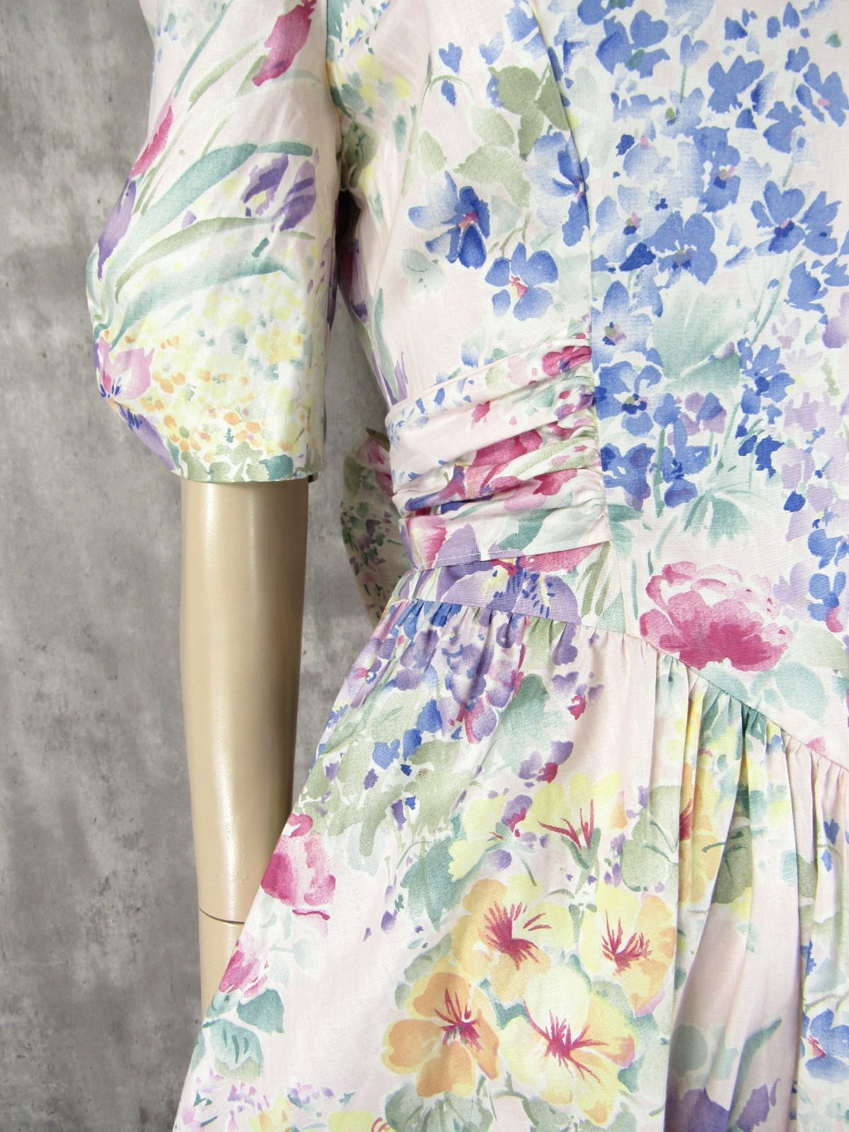 Vintage 80s Expo Floral Puffy Sleeves Big Bow Floral Cotton Midi Tea Dress S/M