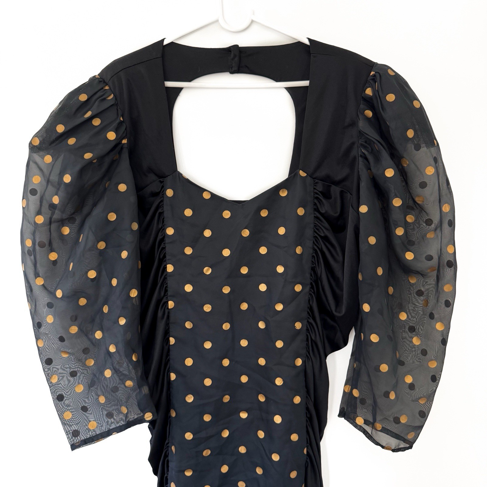 Mayvens of California 1980s Vintage Black and Gold Polka Dot Formal Party Dress