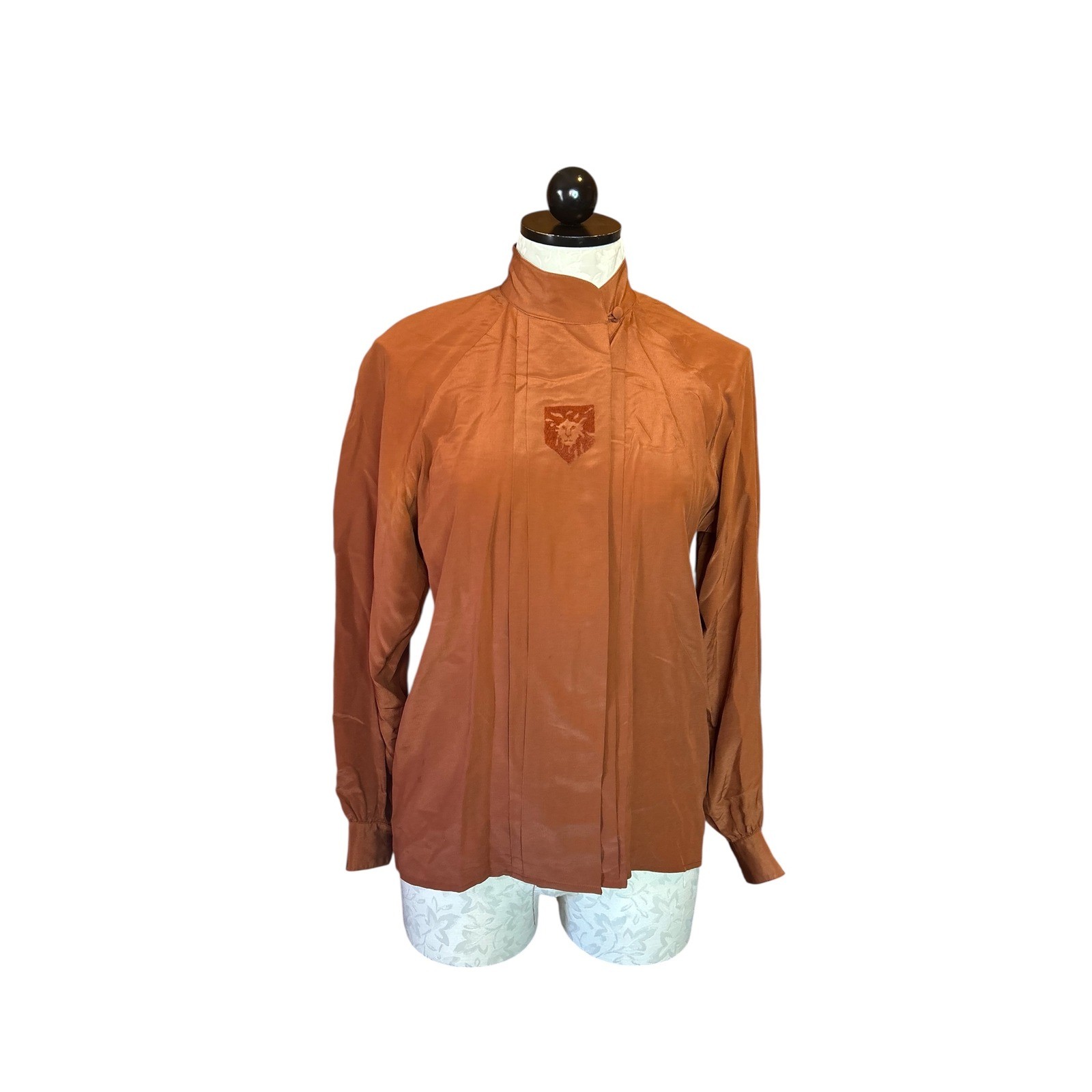 Anne Klein Vintage 100% Silk Blouse Rust Brown Lion Crest Mock Neck Top Size 4
