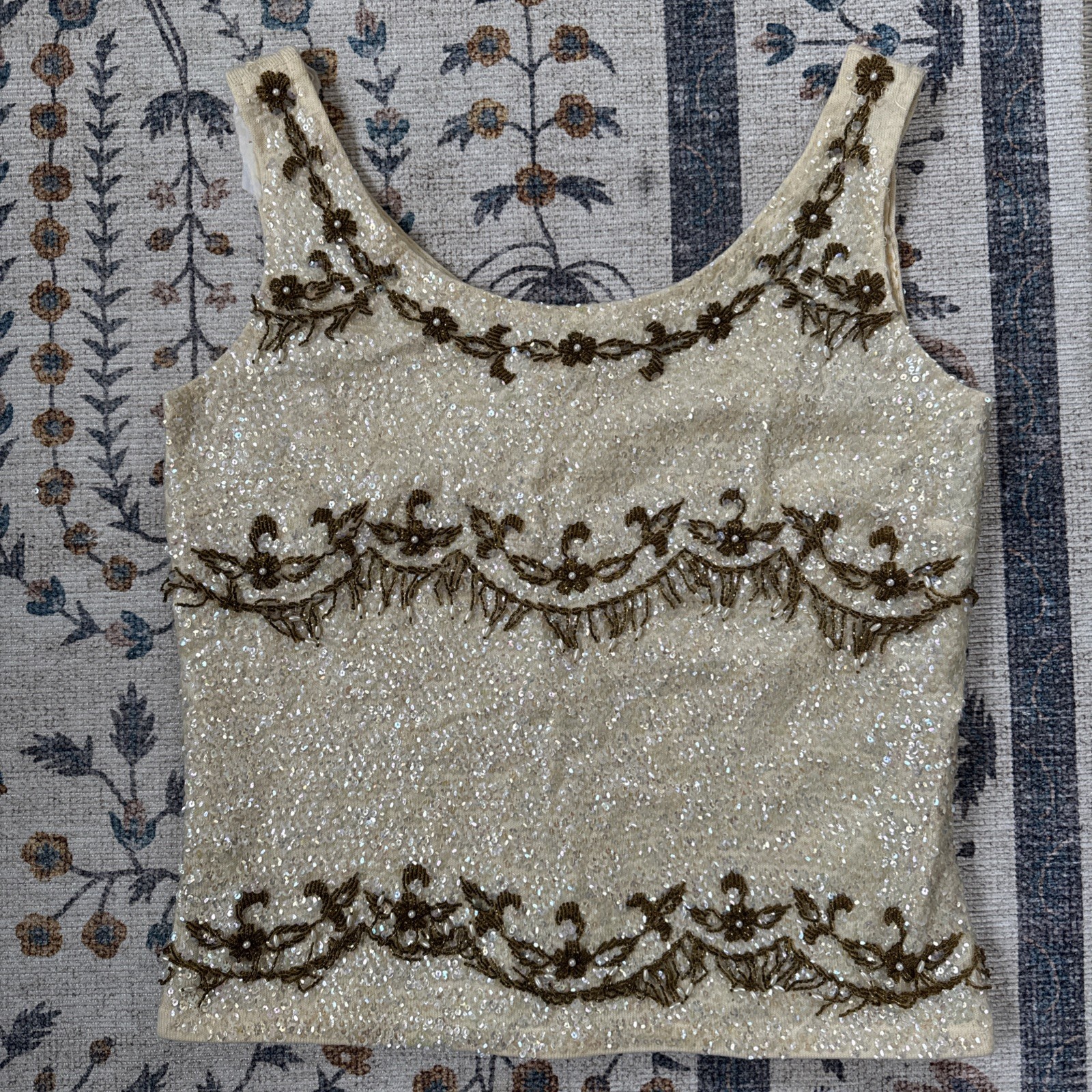 Desilu Inc. Ivory Gold Sequin Beaded Sleeveless Silk Top A.K. 4000