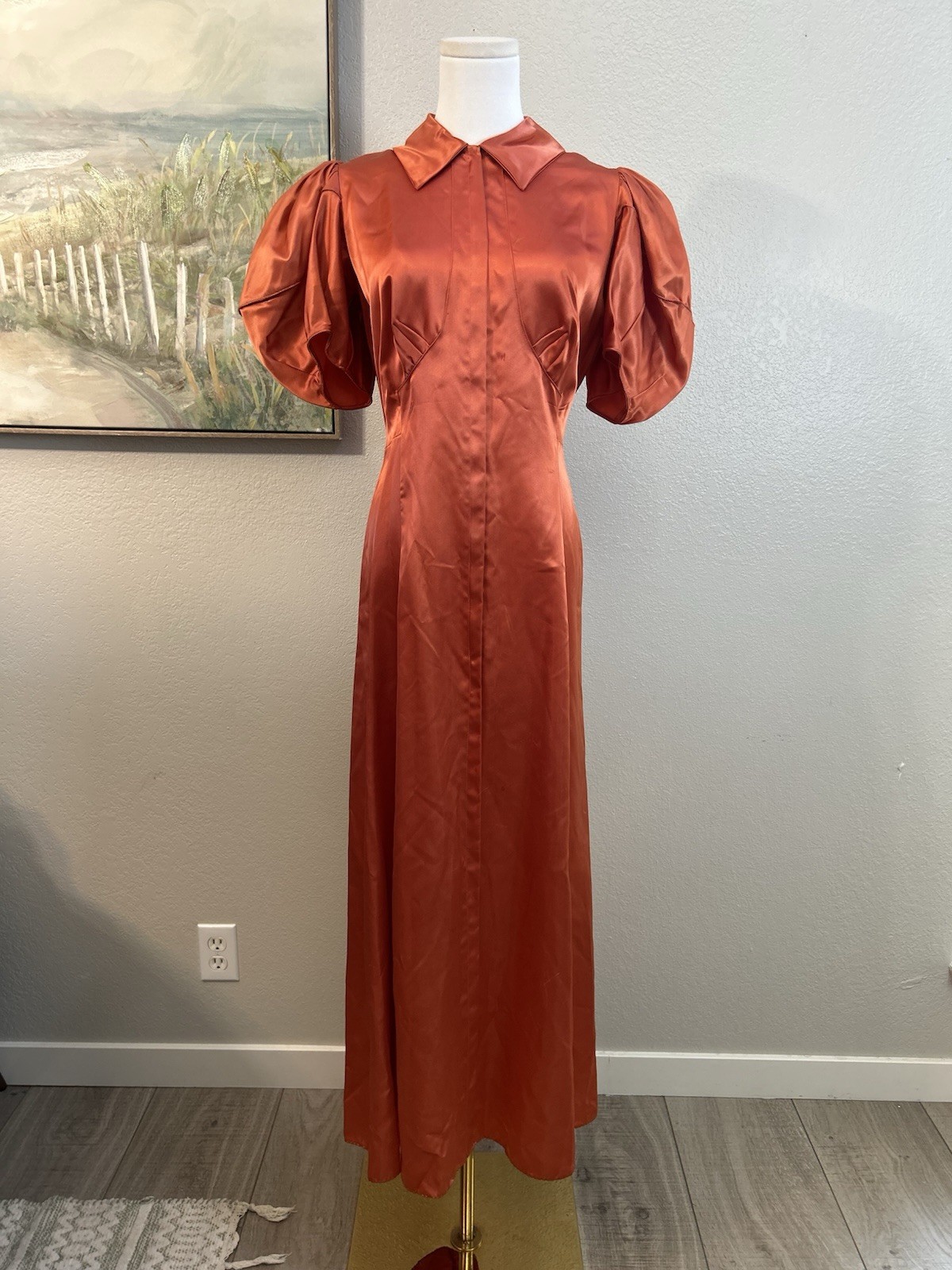 Vintage 1930’s Burnt Orange Satin Puff Sleeves Maxi Dress Dramatic XS/S