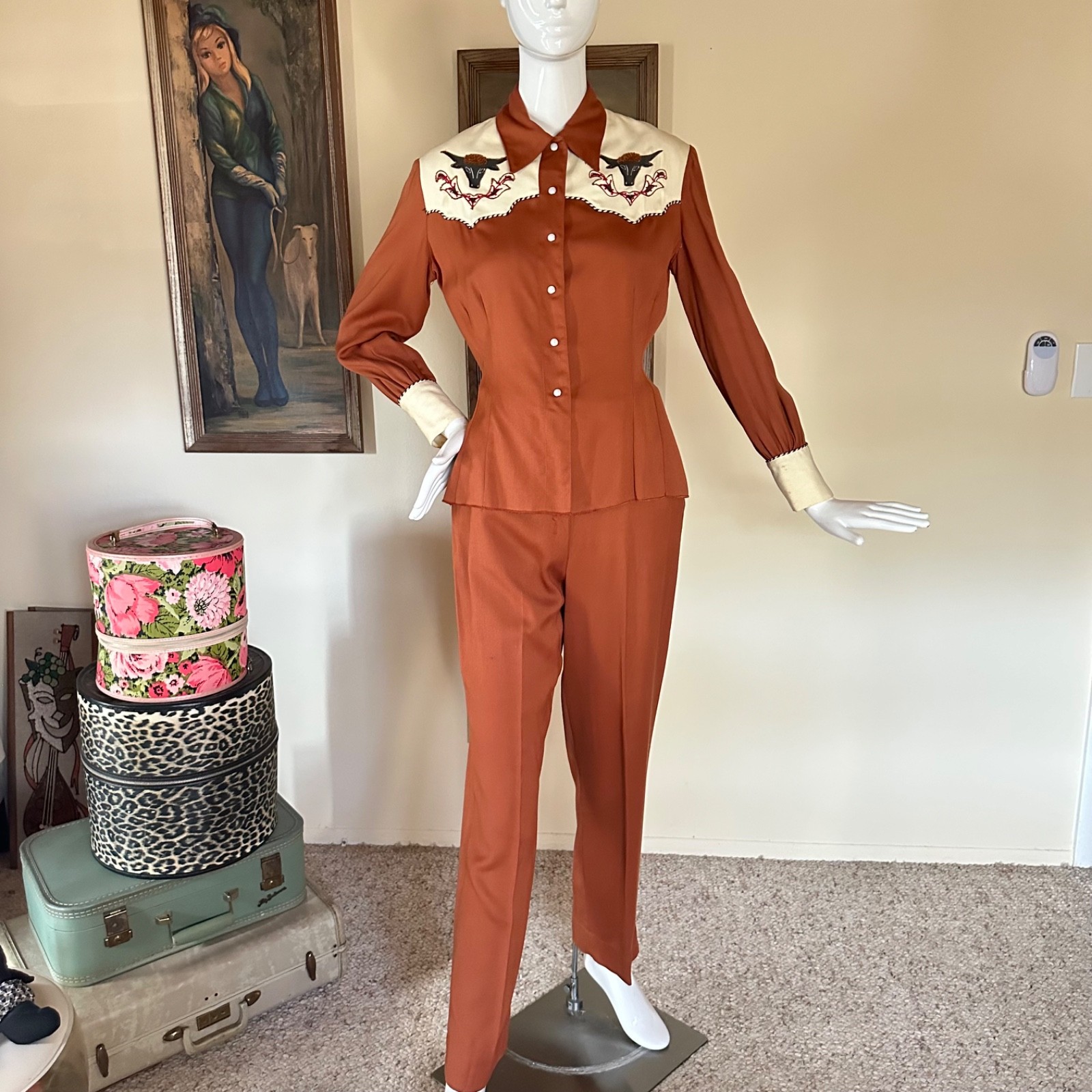 Vtg 1940s Embroidered Ranch Maid Western Wear 2 PC Shirt Pants Suit Rockabilly S