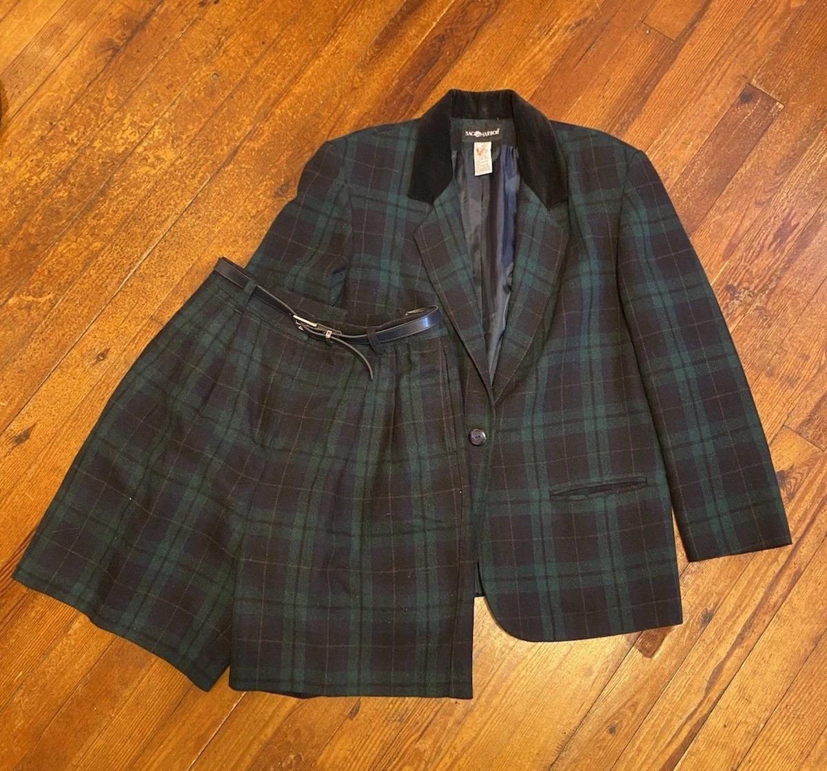 VTG 80’S SAG HARBOR Blue Green Wool Blend PLAID BLAZER SHORTS Belt SET SZ 12