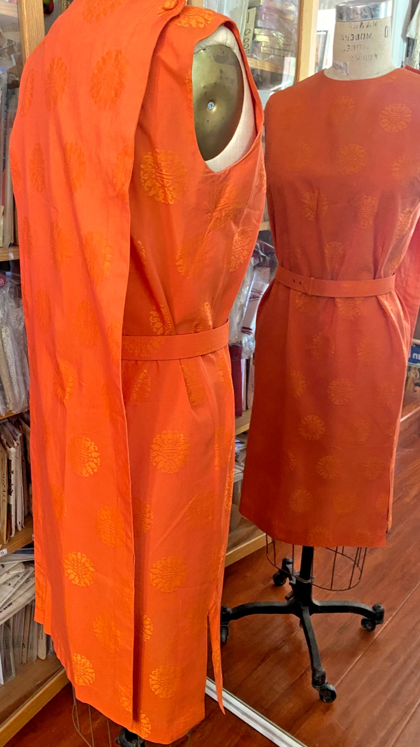 Vintage 50’s 60’s Sydney Honolulu Hawaiian Dress Orange Back Drape + Belt Silk M