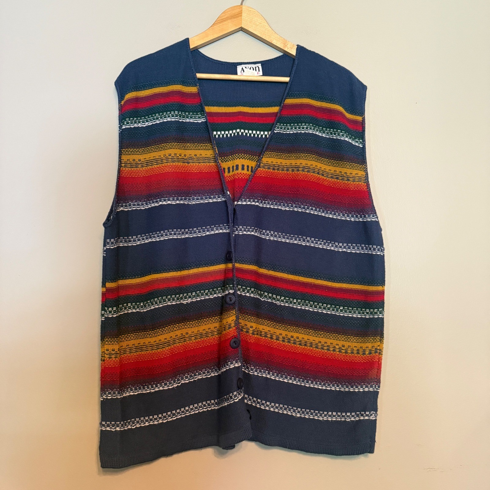 Avon Style Vintage 90s Knit Sweater Vest Multi Color Stripe Button Front 2X-3X