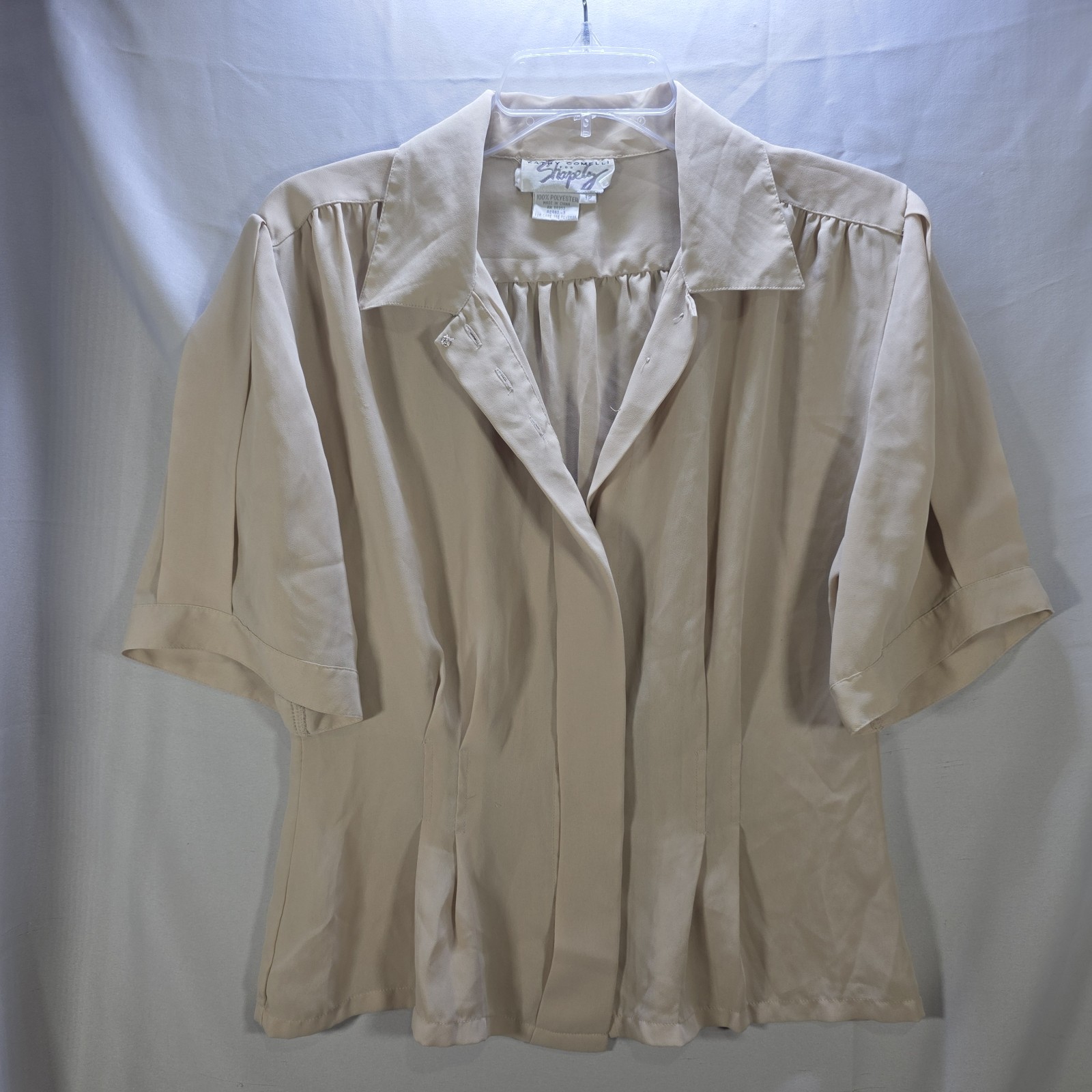 Vtg 80s Kathy Comelli Womens 12 Bluse Sheer Chiffon Creme Button Up Pleated