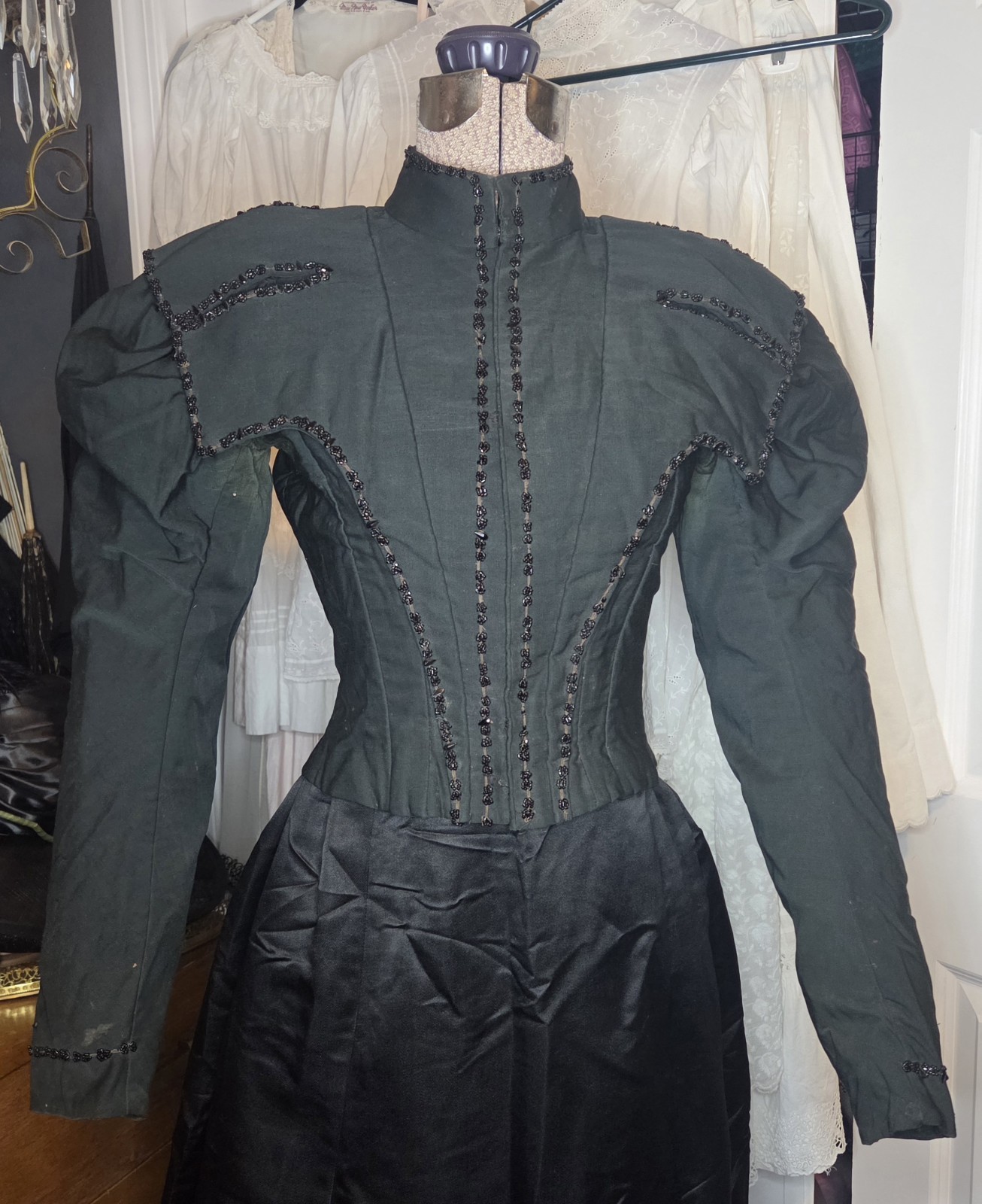Deep Hunter Green Victorian Cotton Blend Bodice w/ Jet Black Bead Trim
