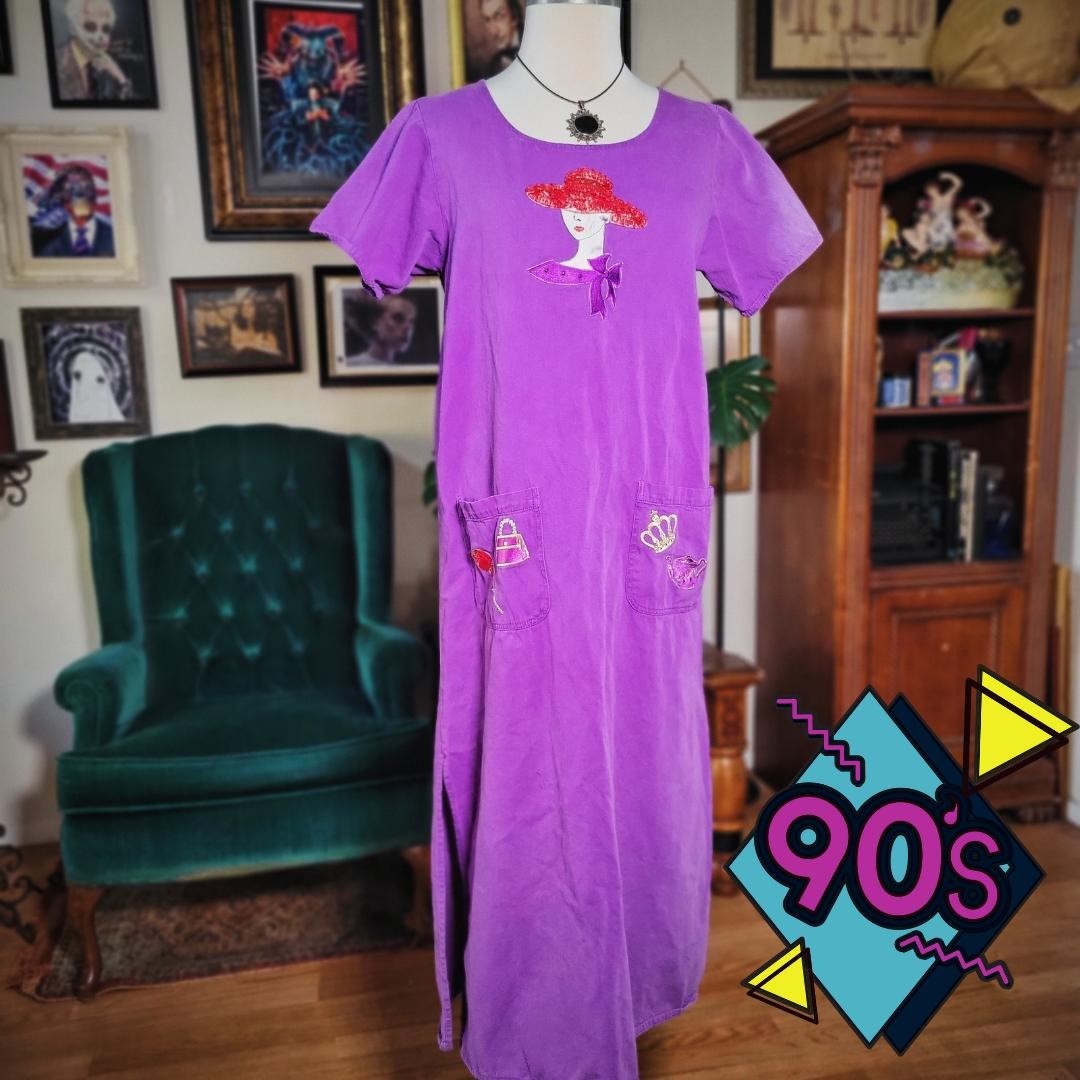 Sarah’s Tea Party Dress Vintage 90s Women’s Purple Red Hat Society Maxi Medium
