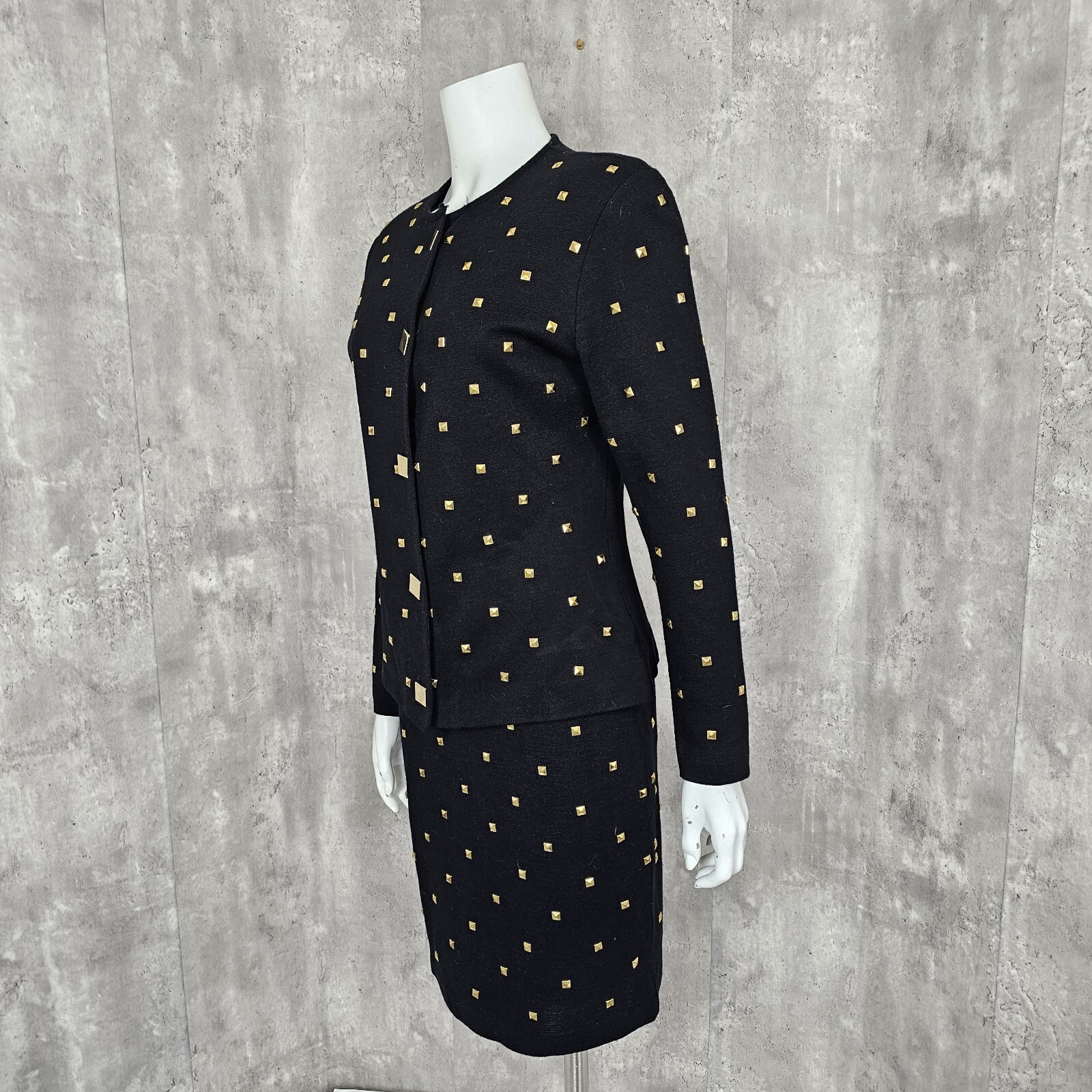 Vintage 80s 90s Outlander Collection Black Skirt Suit Gold Pyramid Studs Career