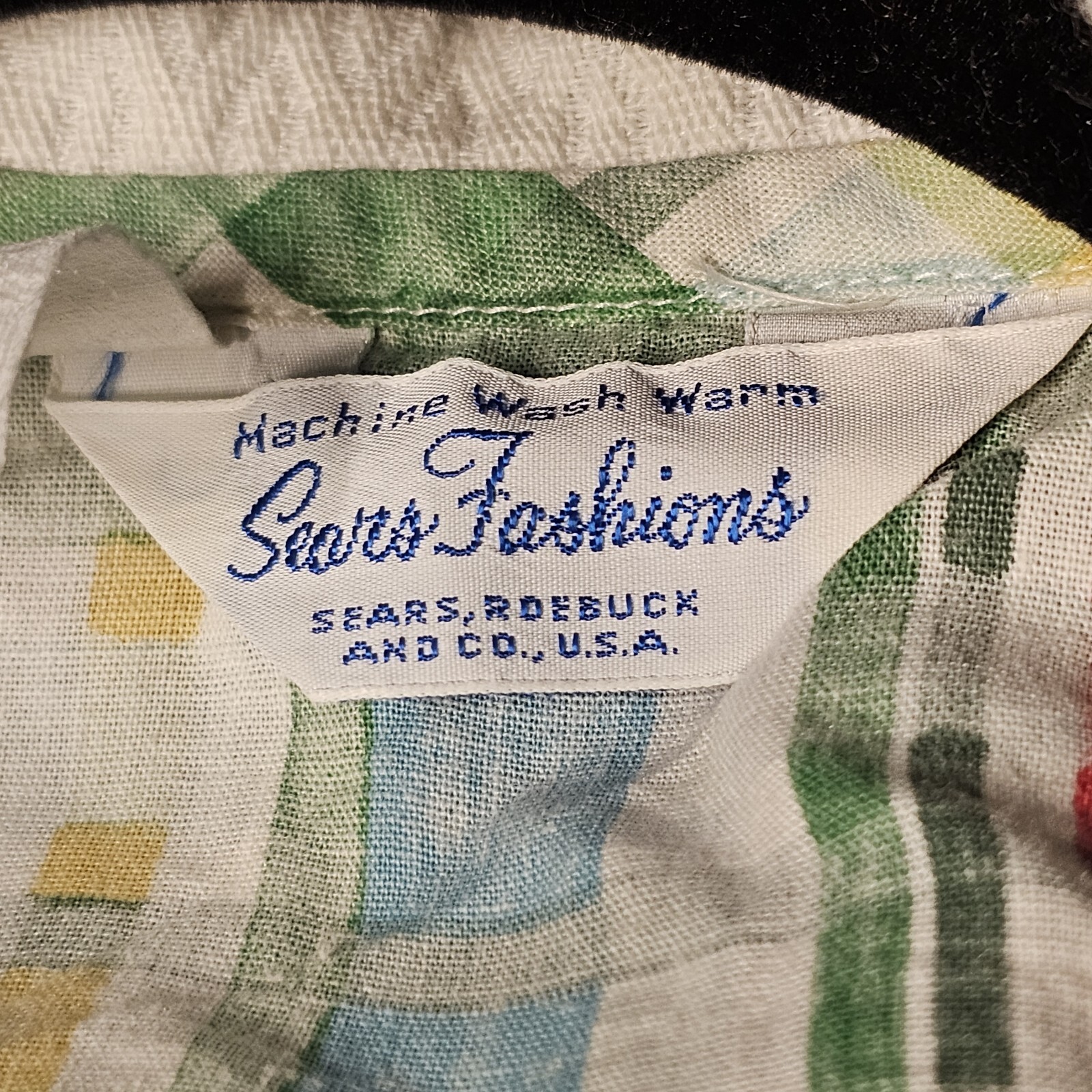 VTG Sears Fashions Shortsleeve Blouse Plaid Pastel Green Collared Cotton 70s 14