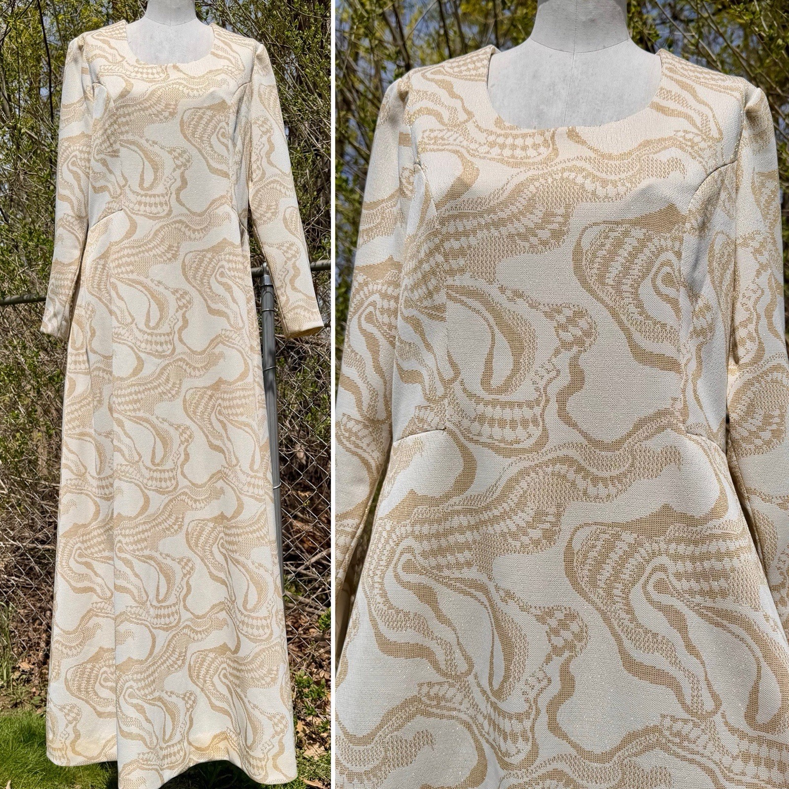 Vintage 1970s METALLIC GOLD MAXI DRESS Op Art Psychedelic Henry Lee Sparkly L/XL
