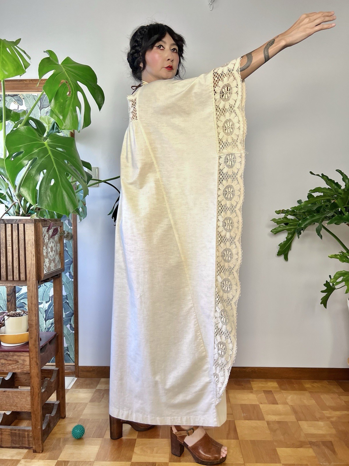 1970s Miss K by Alfred Shaheen Crochet Lace Caftan Dress Boho Cotton Maxi Kaftan