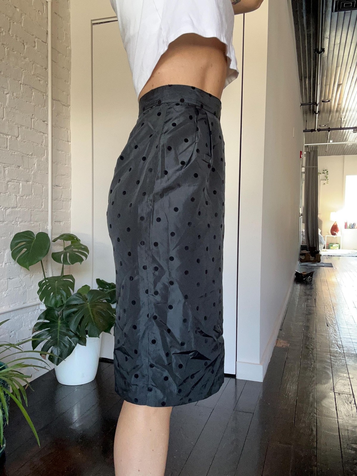 80s high waist flocked polka dot black pencil skirt evening cocktail party