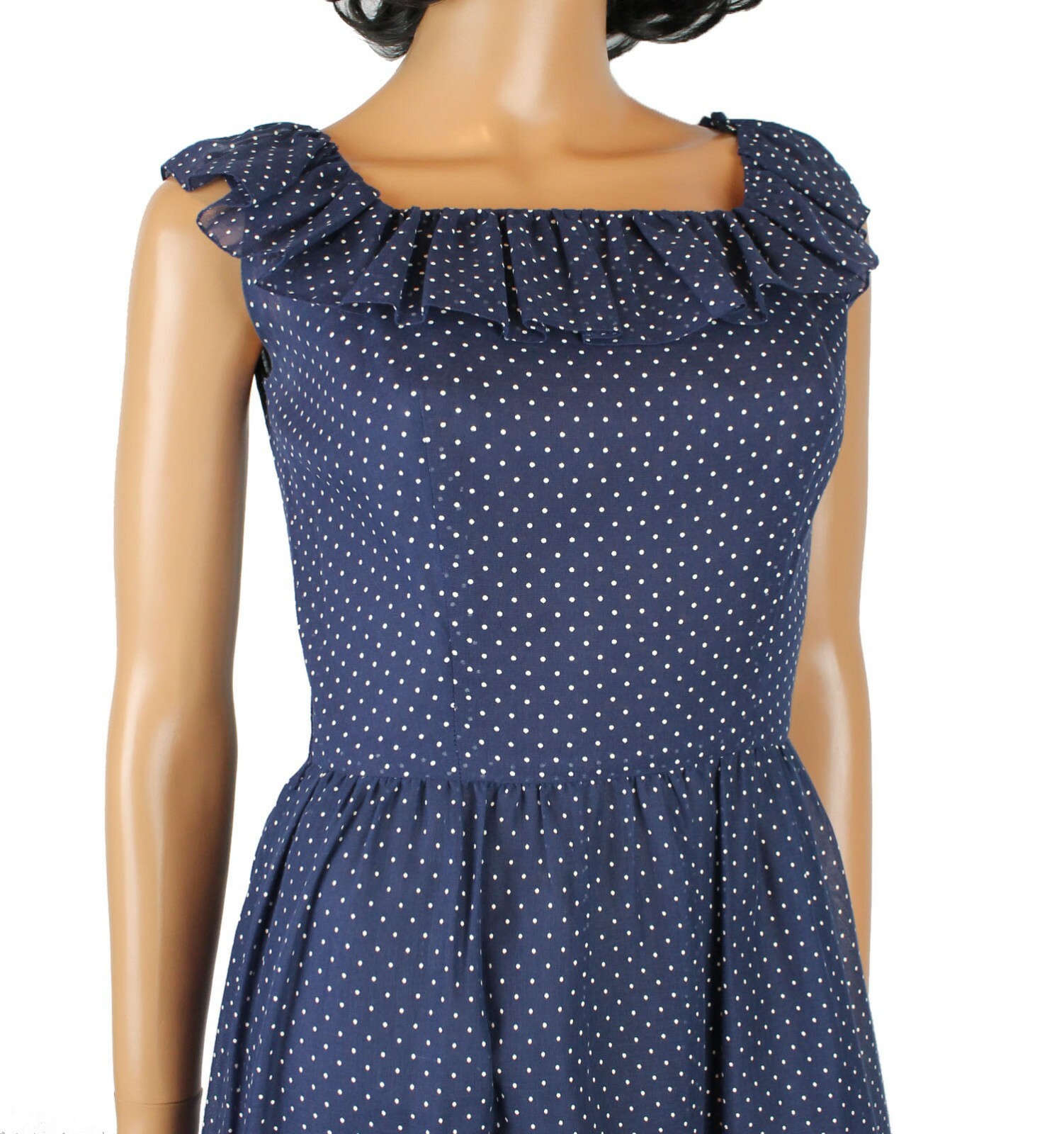 Prairie Girl Dress XS Vintage 70s Blue White Polka Dot Gauzy Cotton Embroidered
