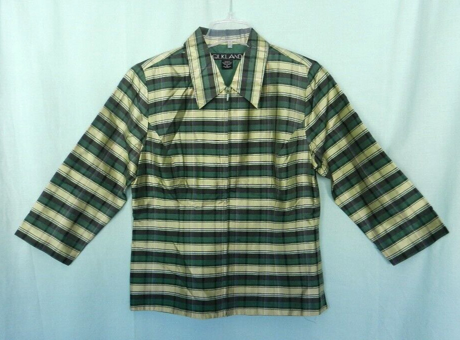 VTG. 2000s SILKLAND Raw Silk Green Plaid Lined 3/4 Sleeve Lightweight Jacket M