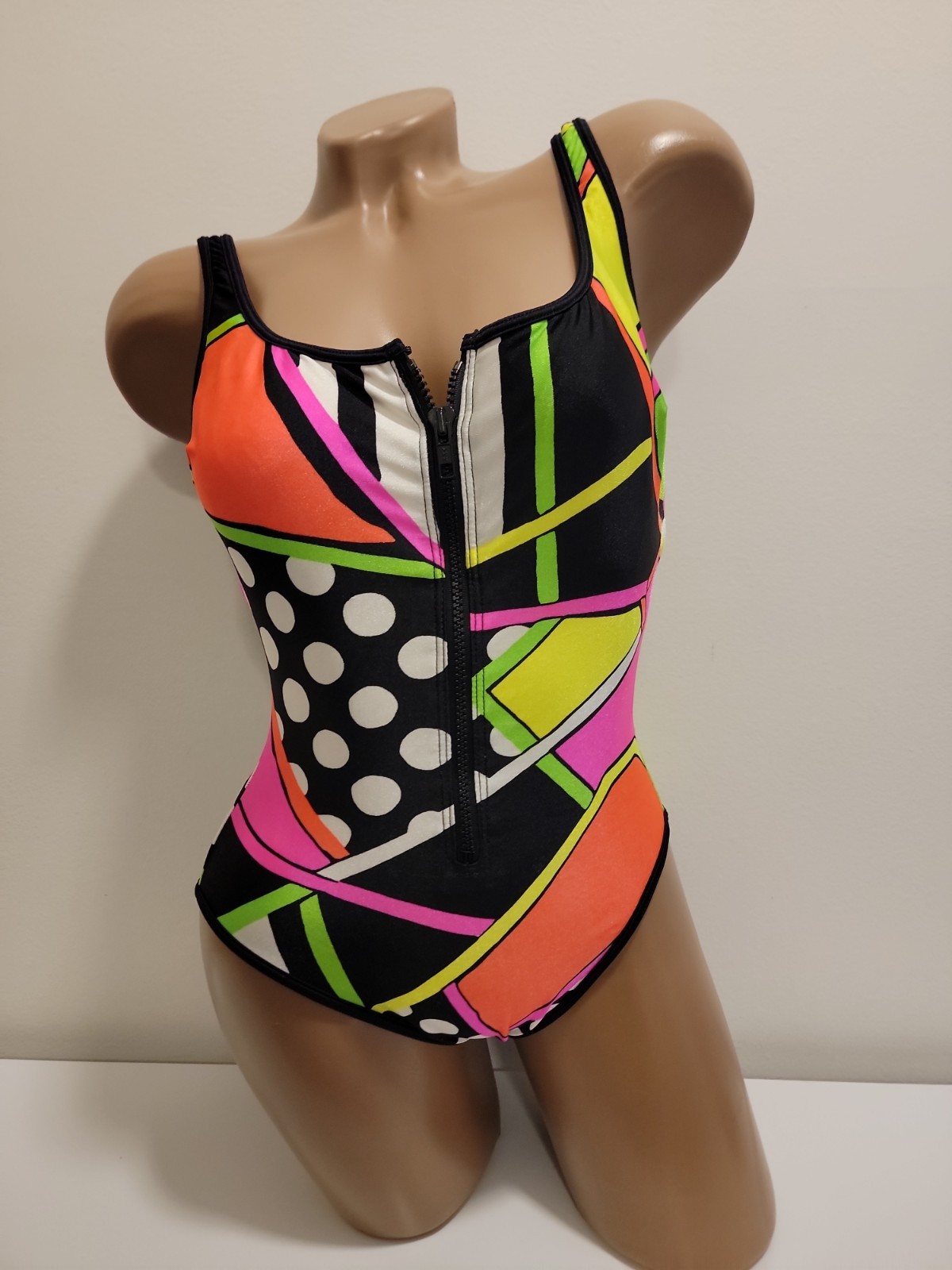 Vintage La Blanca Neon Geometric One Piece Swimsuit Size 10 Zip Front 80s 90s