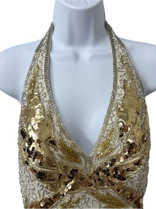 VTG NITE Lime 100% Silk Beaded 90s Showgirl Sequin Beige Gold Dress Size 8