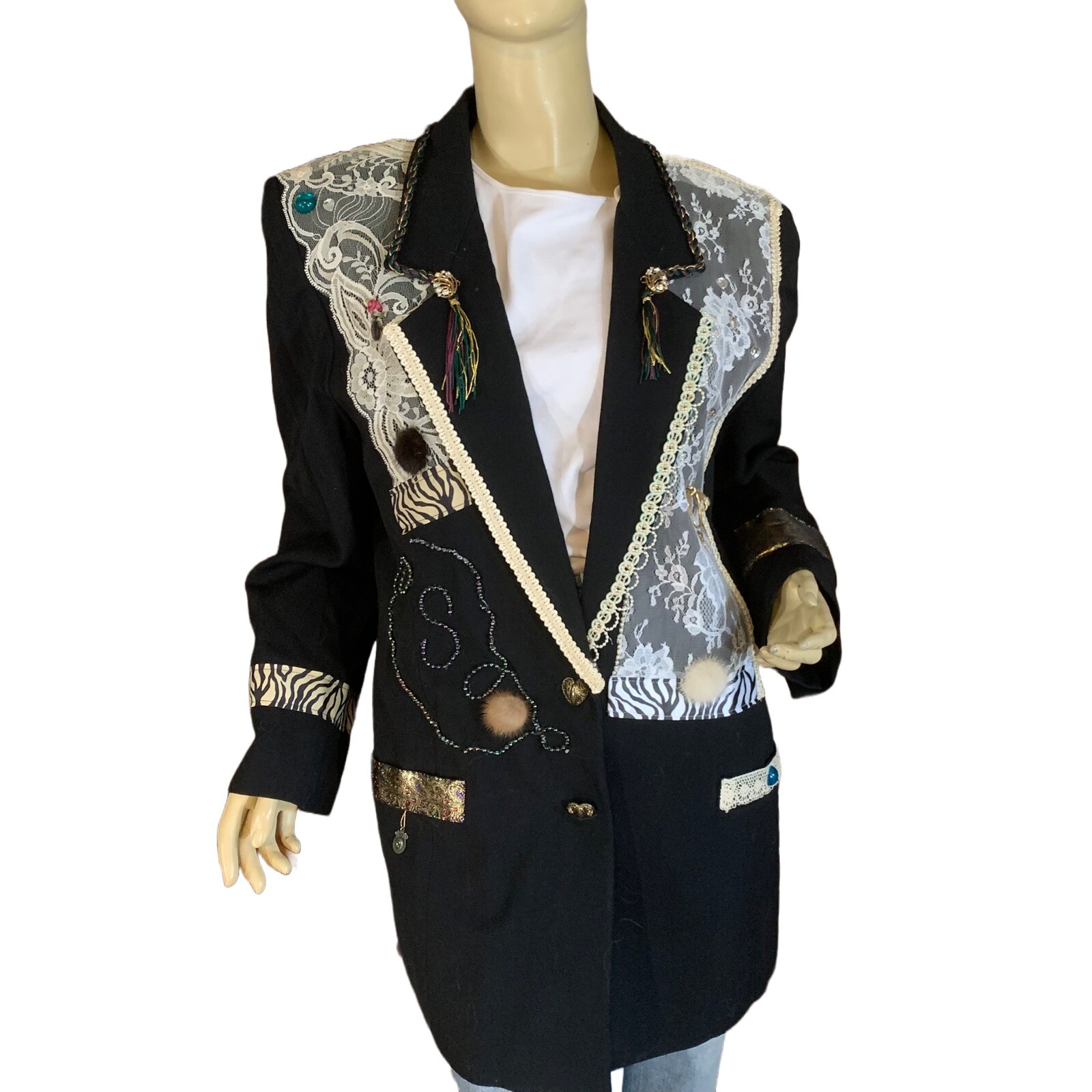 VINTAGE CIRCA 1980’S MICKI CUSTOM DESIGNED BLACK WOOL-BLEND BLAZER SIZE 14