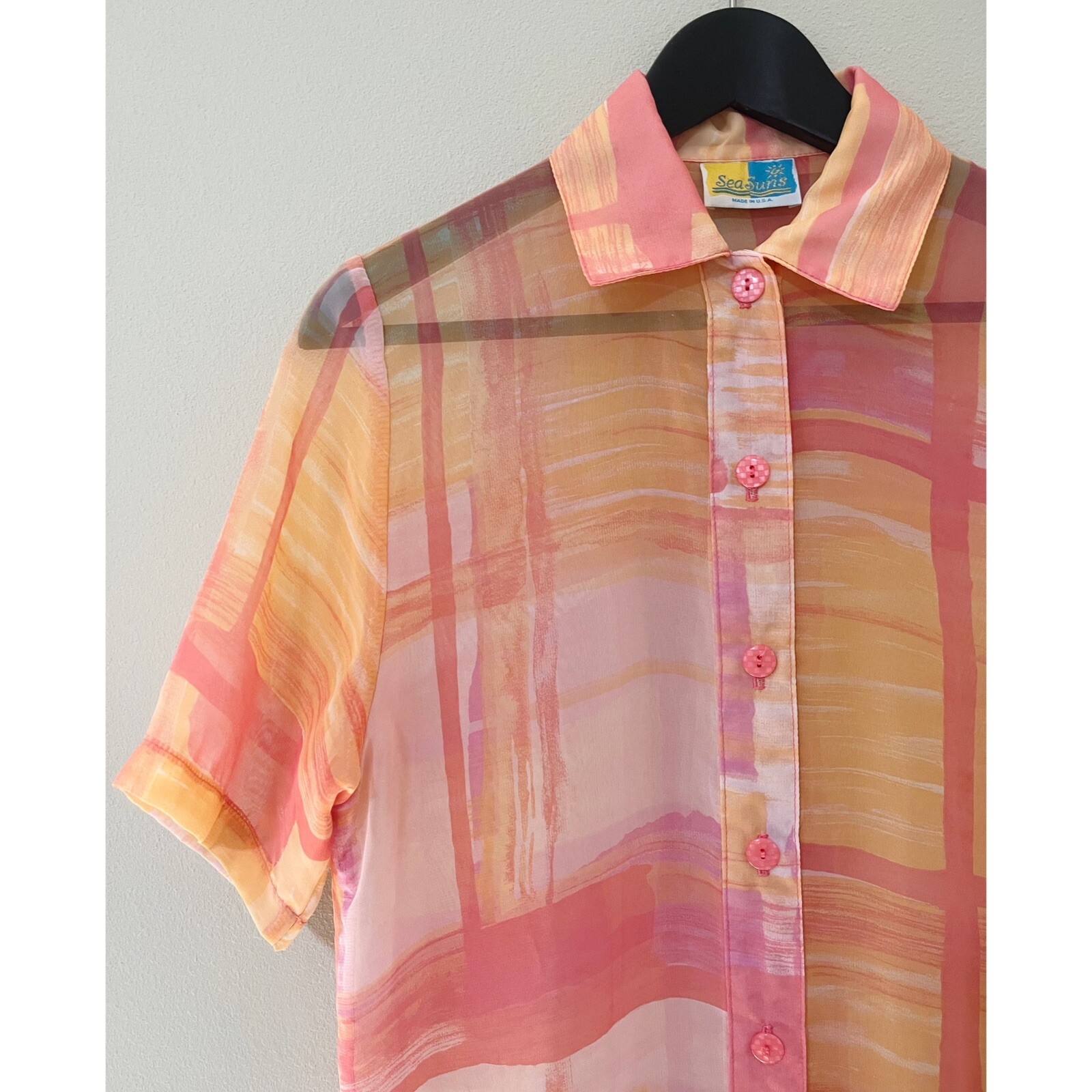 Vintage Seasuns Pink Orange Ombré Sheer Button Down Cover Up Dress