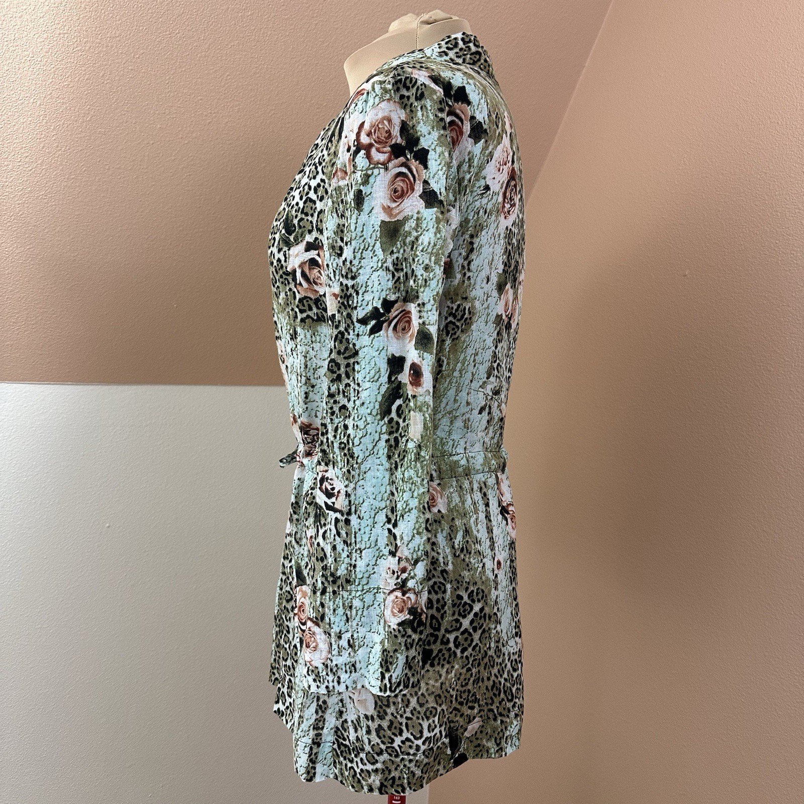 VTG Alberto Makali Linen Jacket XL Art To Wear Leopard Floral Belted Made in USA