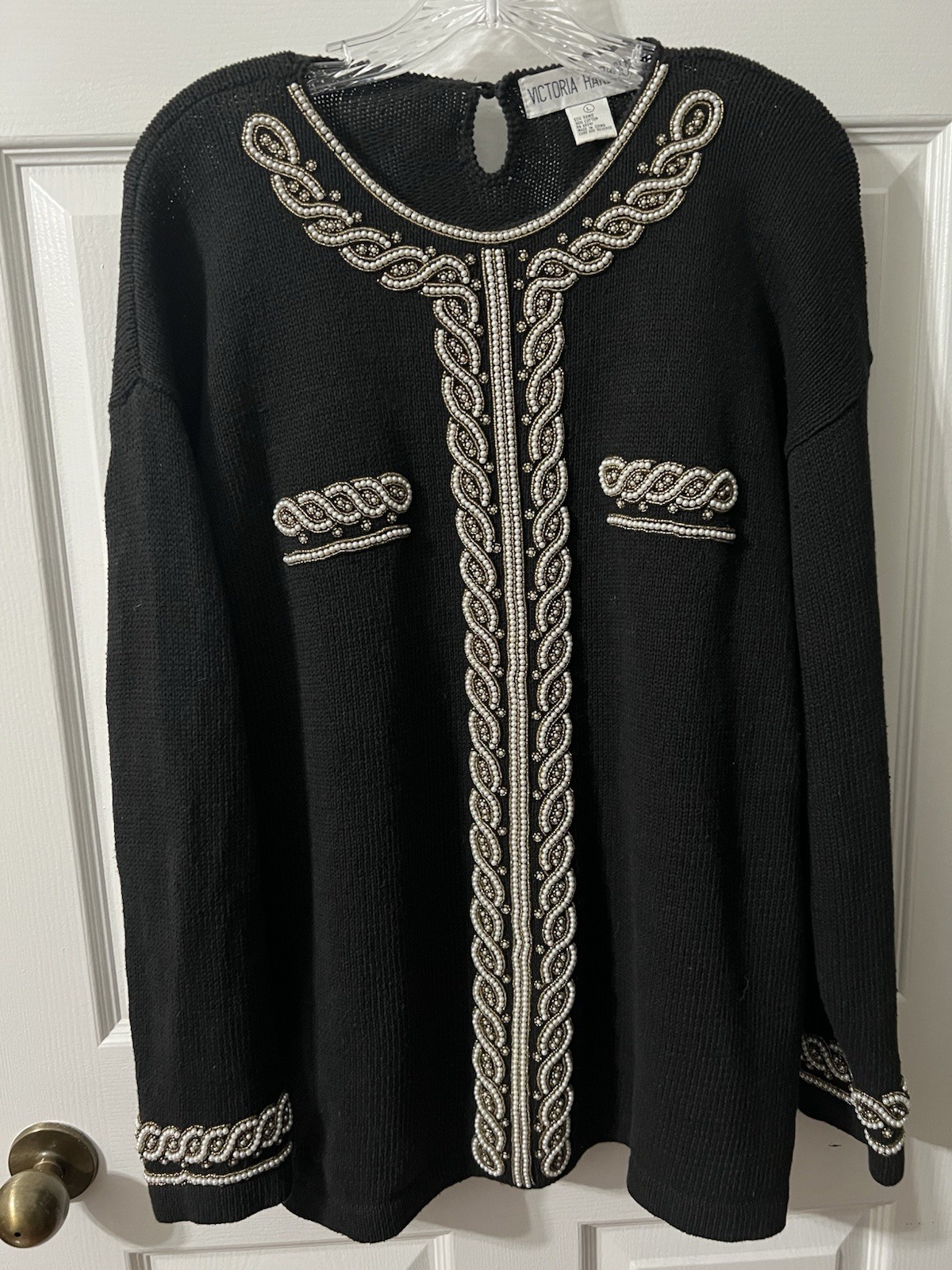 VTG Victoria Harbour 80s Beaded Sweater Tunic Medium Black Pearls Elegant Party