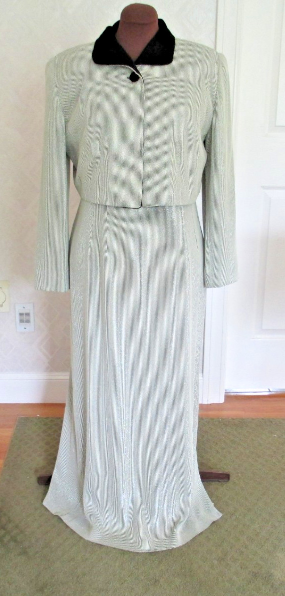 Vintage 80’s Mary McFadden 2 piece Suit Dress Gown Jacket Velvet Trim Sz 14