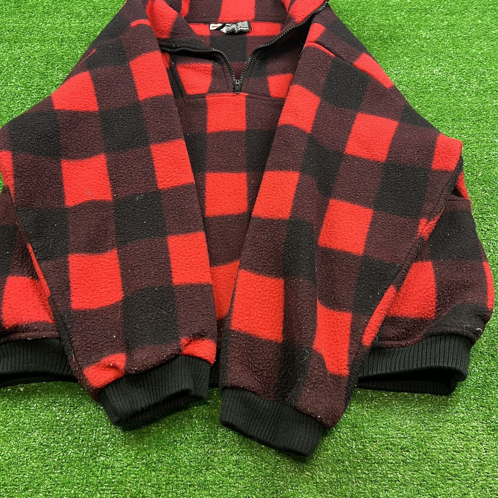 Vtg Women’s XL Buffalo Plaid Red Black Polar Fleece 1/4 Zip Pullover Jacket USA!
