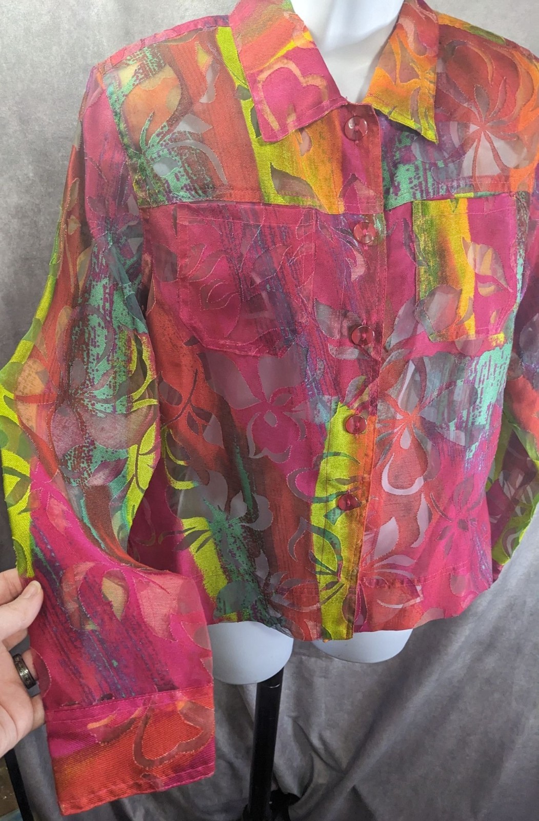 Vintage Sheer Multicolor Floral Button-Up Shirt By Erin London Size S