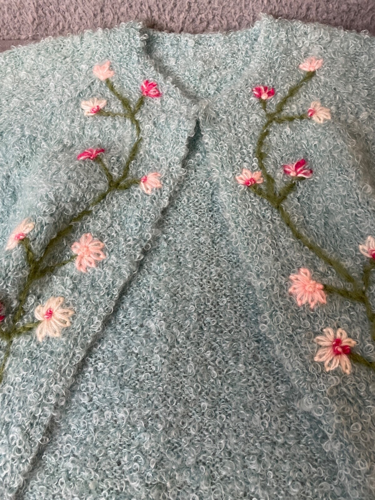 VTG Artisan Made Hand Knit Cardigan Sweater Womens S/M Aqua Pink Floral Nubby