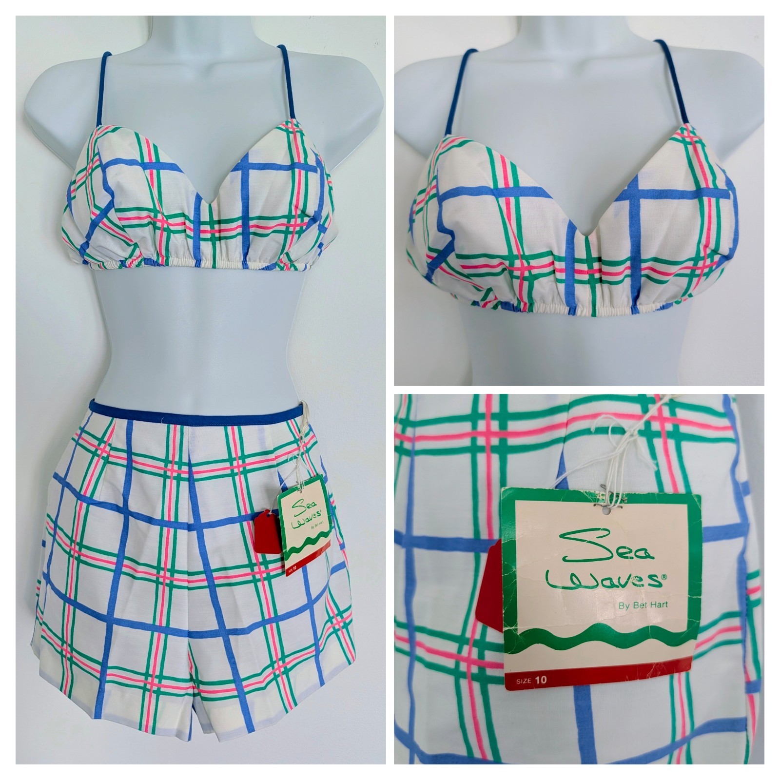 Vintage 70s 80s Sea Waves 2pc Swimsuit Playsuit Beach Retro Pin-Up NOS Resort