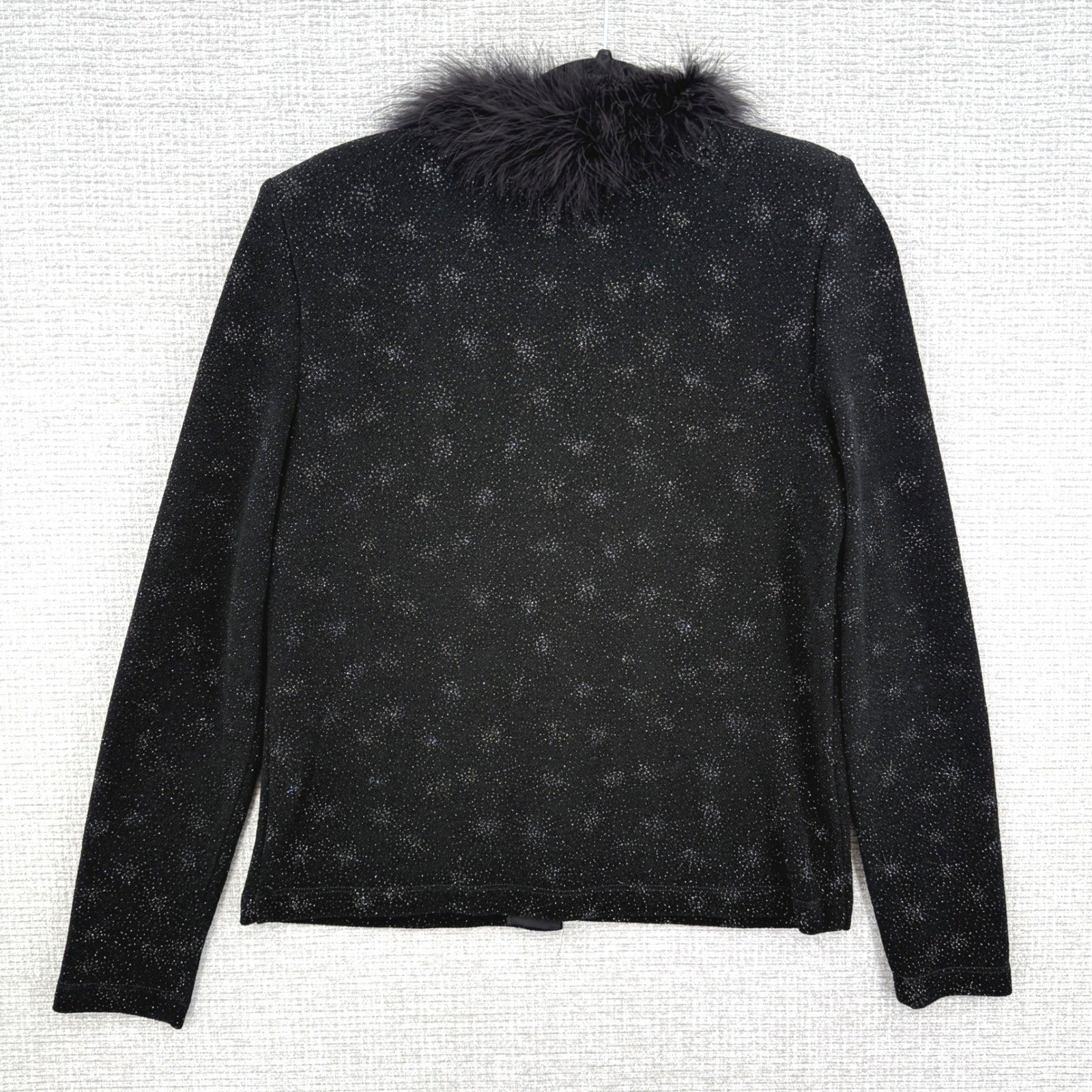 Vintage Y2K Bratz J R Nites Cardigan Women 8 M Black Glitter Feather Trim Goth