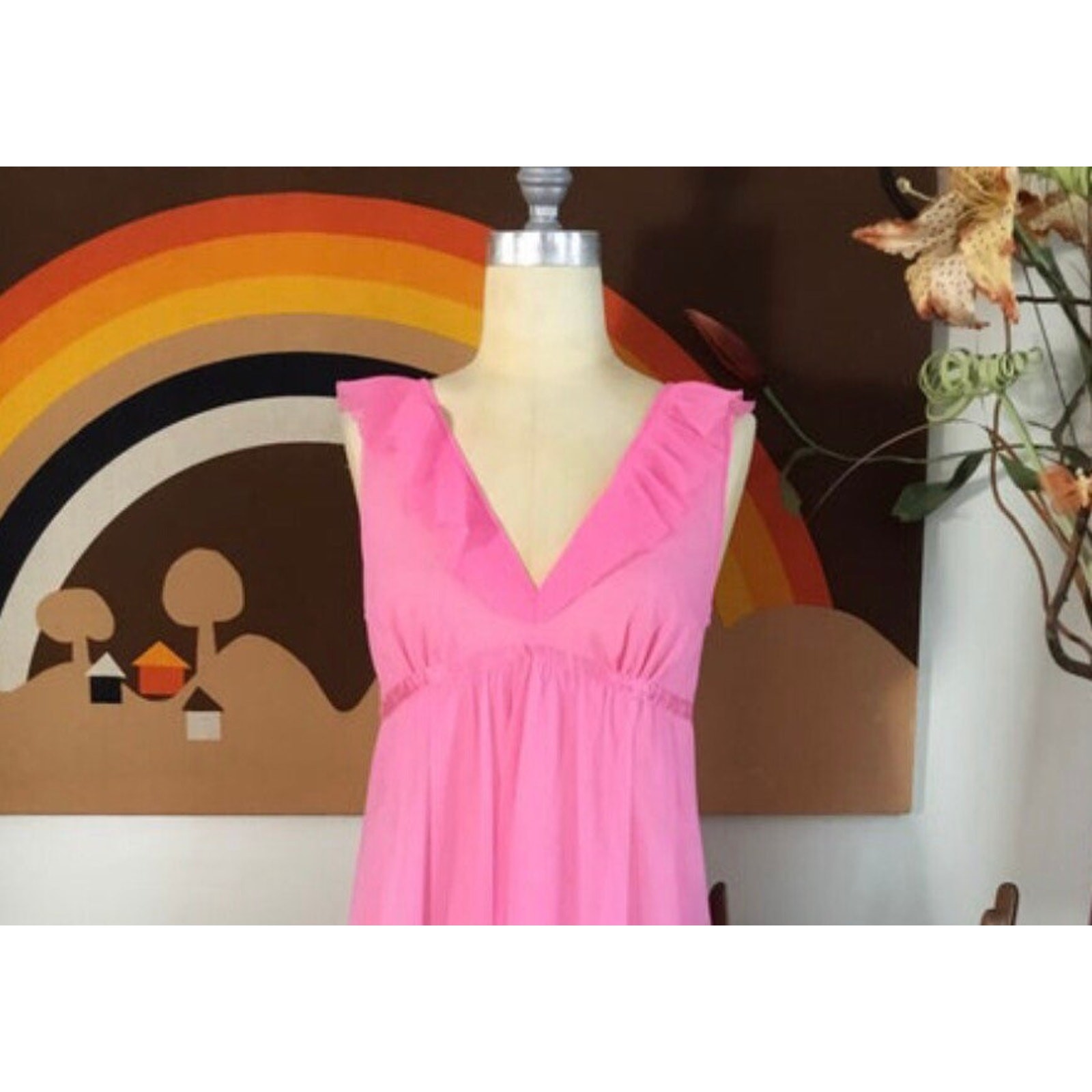 Evette 1960s Pink Nylon Nightgown Sheer Layer Ruffled V Neck Sleepwear Barbie