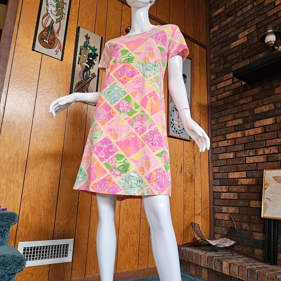 Vtg Y2K Lilly Pulitzer Worth Patch Lions Giraffe Patchwork T-Shirt Dress L/XL