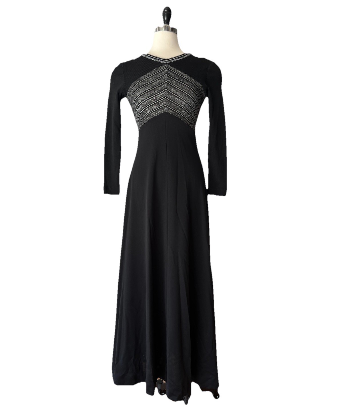 Vintage 70’s Flomar Knits Metallic Lurex Black Maxi Dress Disco Chevron Stretch