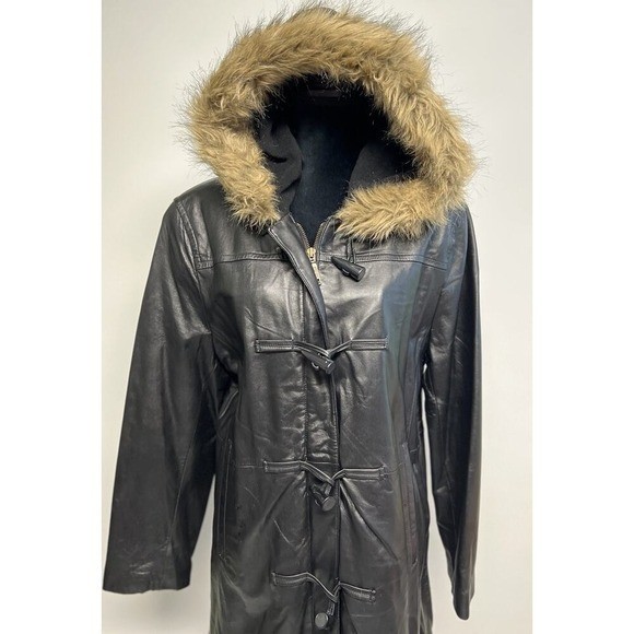 Vintage Soft Lambskin Leather Womens Coat Toggle Faux Fur Trim XL Grunge Goth