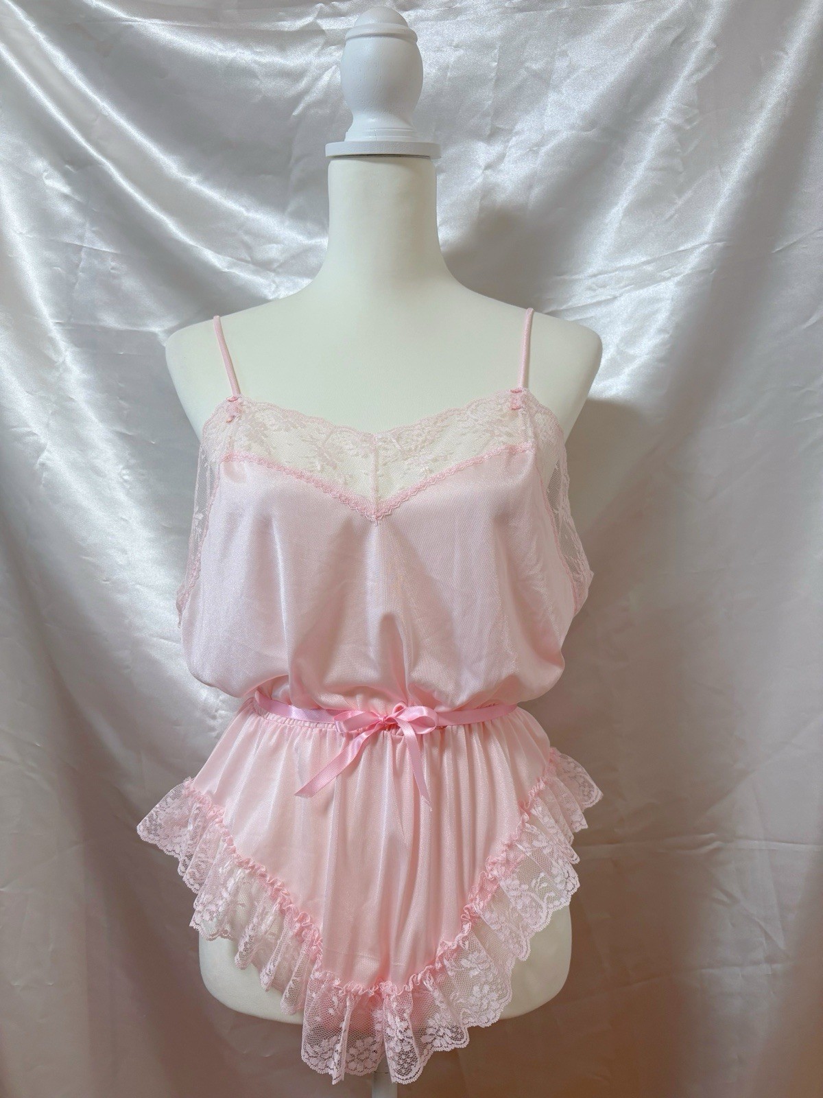 Vintage 1970s Lace Lingerie Teddy Nightgown Romper Bodysuit USA Pink Kawaii